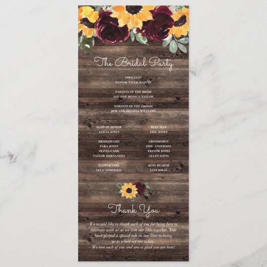 Zonnebloem en Roos Rustic Wood Wedding Programme Programma (Achterkant)