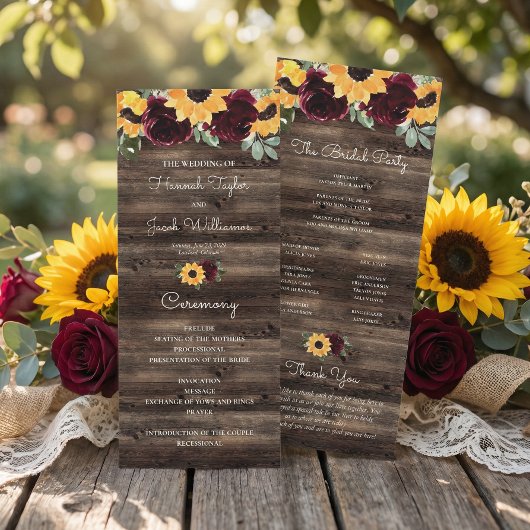 Zonnebloem en Roos Rustic Wood Wedding Programme Programma