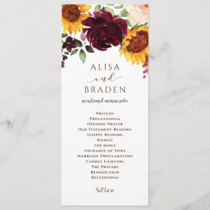 Zonnebloem en Rozen Burgundy Red Fall Wedding Programma