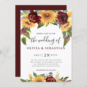 Zonnebloem en Rozen Burgundy Red Greenery Wedding Kaart