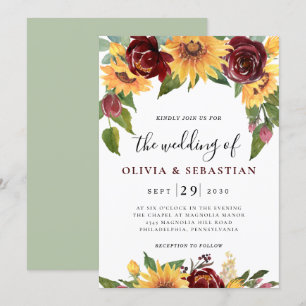 Zonnebloem en Rozen Burgundy Red Greenery Wedding Kaart