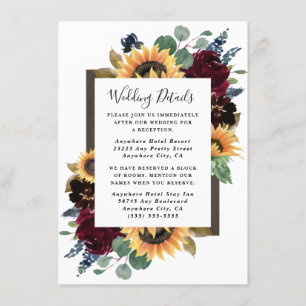 Zonnebloem en Rozen Burgundy Red Navy Blue Weddens Informatiekaartje