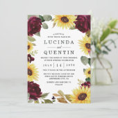 Zonnebloem en Rozen Burgundy Red Rustic Wedding Kaart (Staand voorkant)