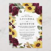 Zonnebloem en Rozen Burgundy Red Rustic Wedding Kaart (Voorkant / Achterkant)