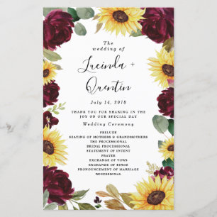 Zonnebloem en Rozen Burgundy Red Wedding Programma