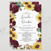 Zonnebloem en Rozen Burgundy Red Wedding Programma (Voorkant / Achterkant)