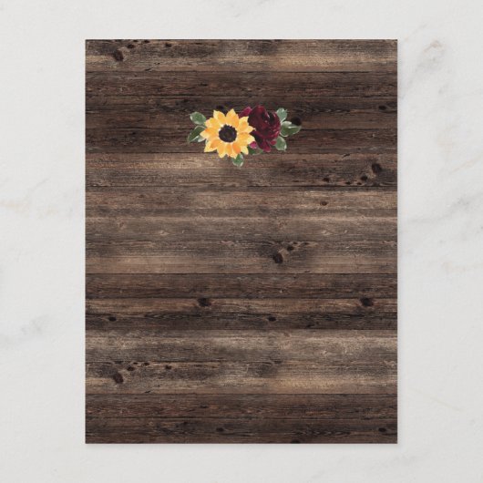 Zonnebloem en Rozen Houten Rustieke Bruiloft Informatiekaartje (Achterkant)