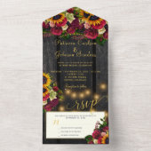 Zonnebloem en rozen met vuurwapens all in one uitnodiging (Binnen)