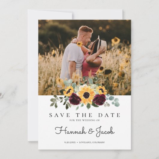 Zonnebloem en Rozen Rustic Fotobruiloft Save The Date (Voorkant)