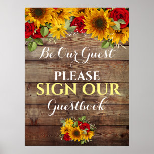 Zonnebloem en Rozen Rustic Wedding Guestbook Sign Poster