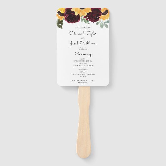 Zonnebloem en Rozen Rustic Wedding Programme Handwaaier (Voorkant)
