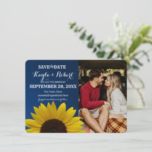 Zonnebloem en Sapphire Photo Save the Date Kaart (Staand voorkant)