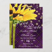 Zonnebloem en stralen op Paarse bruiloft Save The Date (Voorkant / Achterkant)