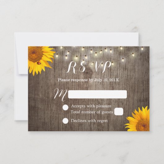 Zonnebloem en stralen Rustic Wedding RSVP (Voorkant)