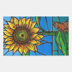 Zonnebloem en vlinder Kunst - gekleurd glas stijl! Rechthoekige Sticker