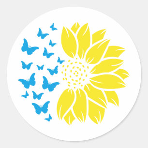 Zonnebloem en vlinders. Kleuren van de Oekraïense Ronde Sticker