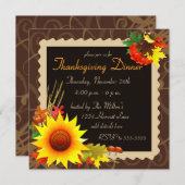 Zonnebloem en Vogelbruine Thanksgiving Invitation Kaart (Voorkant / Achterkant)