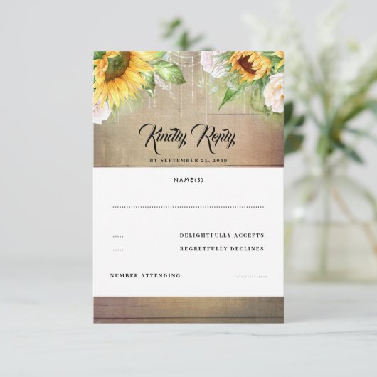 Zonnebloem en witte Rose herfst bruiloft RSVP (Staand voorkant)