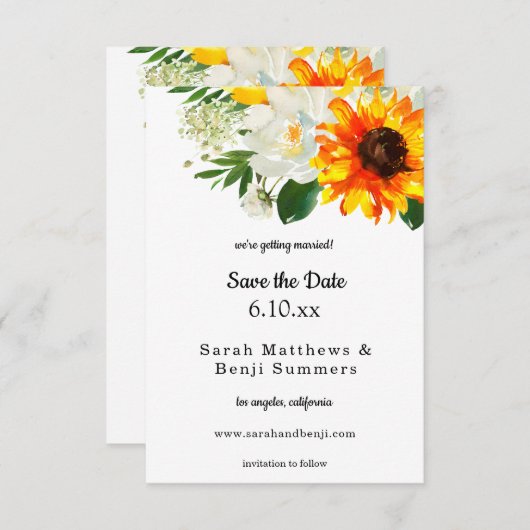 Zonnebloem en witte rozenbloem save the date (Voorkant / Achterkant)