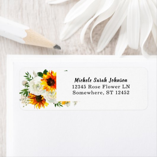 Zonnebloem en witte rozenpastei Floral Wedding 2 Etiket (Insitu)