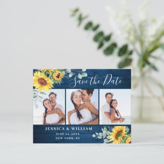 Zonnebloem Eucalyptus 3 FOTO Bruiloft Save the Dat Briefkaart (Staand voorkant)