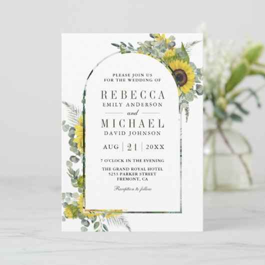 Zonnebloem Eucalyptus Arch QR Code Weddenschap Kaart (Staand voorkant)