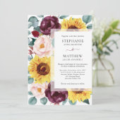 Zonnebloem eucalyptus bordeaux bloesem bruiloft kaart (Staand voorkant)