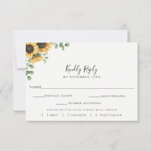 Zonnebloem Eucalyptus Bruiloft RSVP Maaltijd Keuze Kaartje