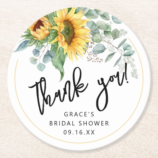 Zonnebloem Eucalyptus Dank Je Trouwfeest Ronde Kartonnen Onderzetter (Voorkant)