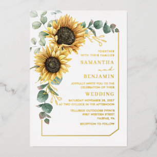 Zonnebloem Eucalyptus Floral Greenery Wedding Gold Folie Uitnodiging