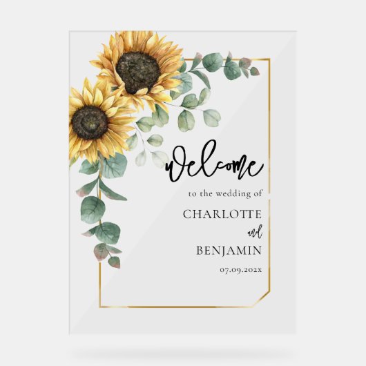 Zonnebloem Eucalyptus Floral Weddenschap Welkom Acryl Bord (Voorkant)