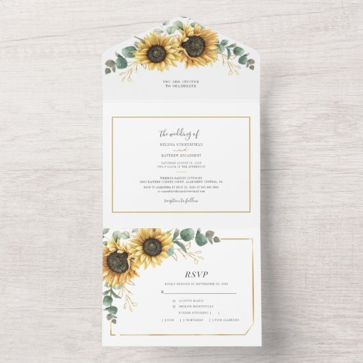 Zonnebloem Eucalyptus Geometric Floral Wedding All In One Uitnodiging (Binnen)