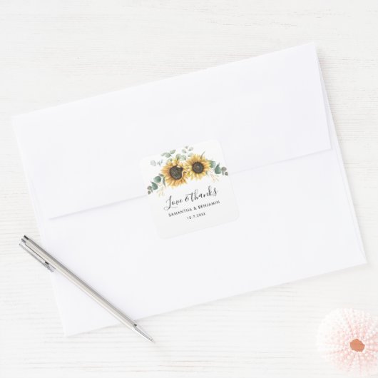 Zonnebloem Eucalyptus Greenery Weddenschap Harteli Vierkante Sticker (Envelop)