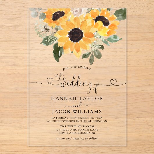 Zonnebloem Eucalyptus Greenery Wedding Acryl Uitnodigingen (Voorkant)