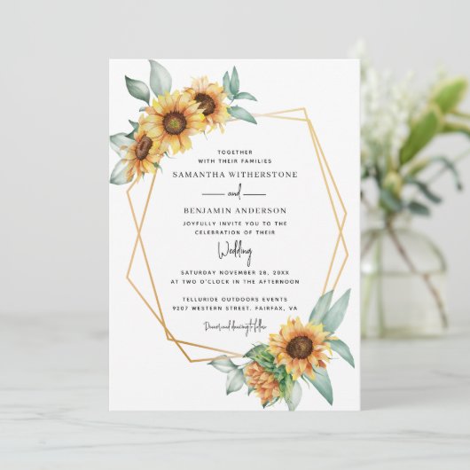 Zonnebloem Eucalyptus groen Waterverf bruiloft Kaart (Staand voorkant)
