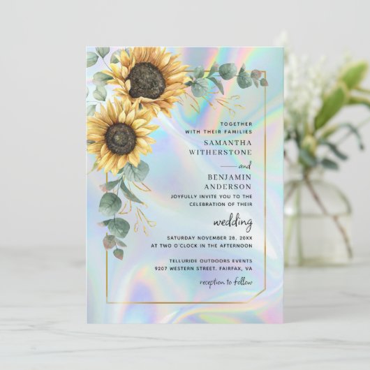 Zonnebloem Eucalyptus Holographic QR Code Weddensc Kaart (Staand voorkant)