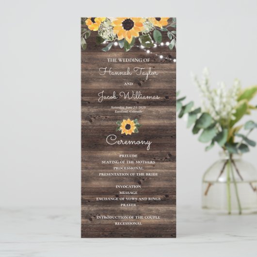 Zonnebloem Eucalyptus Houten Trouwprogramma Programma (Staand voorkant)