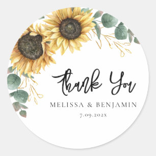 Zonnebloem Eucalyptus Huwelijk Script Bedankt Ronde Sticker