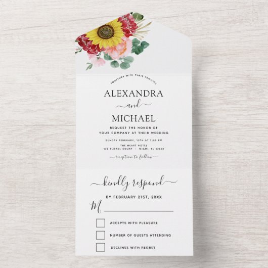 Zonnebloem Eucalyptus Land Weddenschap RSVP All In One Uitnodiging (Binnen)