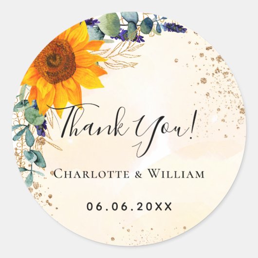 Zonnebloem-eucalyptusglitter bedankt voor de bruil ronde sticker (Voorkant)