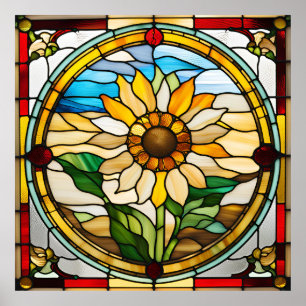 Zonnebloem Faux Glas in lood 5' Ronde tapijt Poster