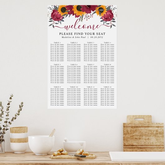 Zonnebloem Floral Burgundy Wedding Seating Charts Poster (Keuken)