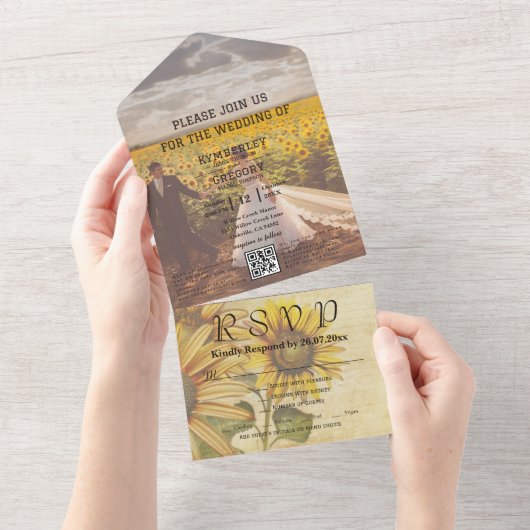 Zonnebloem Foto QR Code All In One Uitnodiging (Afscheurbaar)