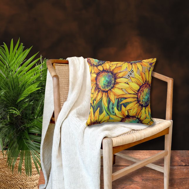 Zonnebloem geel blauw kussen (Sunflower Yellow Blue Throw Pillow)