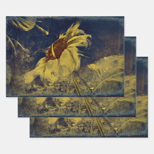 Zonnebloem Geel Blauw Schets Antiek Inpakpapier Vel (Set)