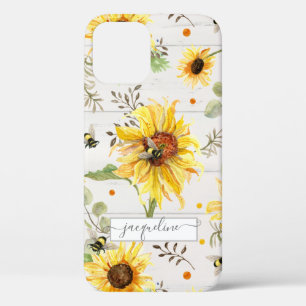 Zonnebloem Geel Bumble Bee Rustisch Script iPhone 12 Pro Hoesje