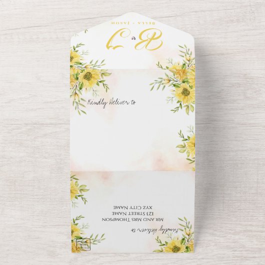 Zonnebloem Geel donker Monogram bruiloft All In One Uitnodiging (Buitenkant)
