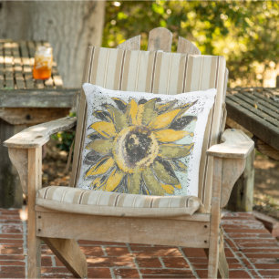 Zonnebloem Geel Groen Zwart Watercolor Stijl Kunst Buitenkussen