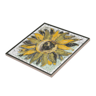 Zonnebloem Geel Groen Zwart Waterverf Stijl Kunst Tegeltje