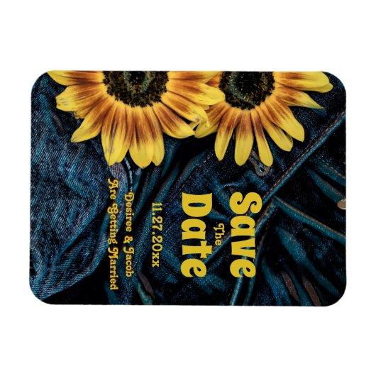 Zonnebloem Geel Rustisch Blauw Denim sparen de dat Magneet (Horizontaal)
